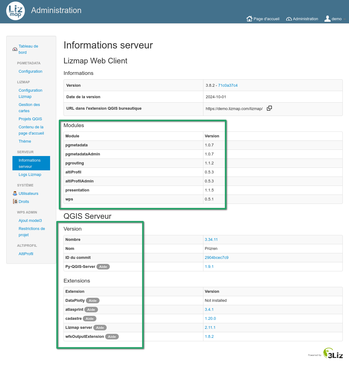 Administration panel with modules and help links